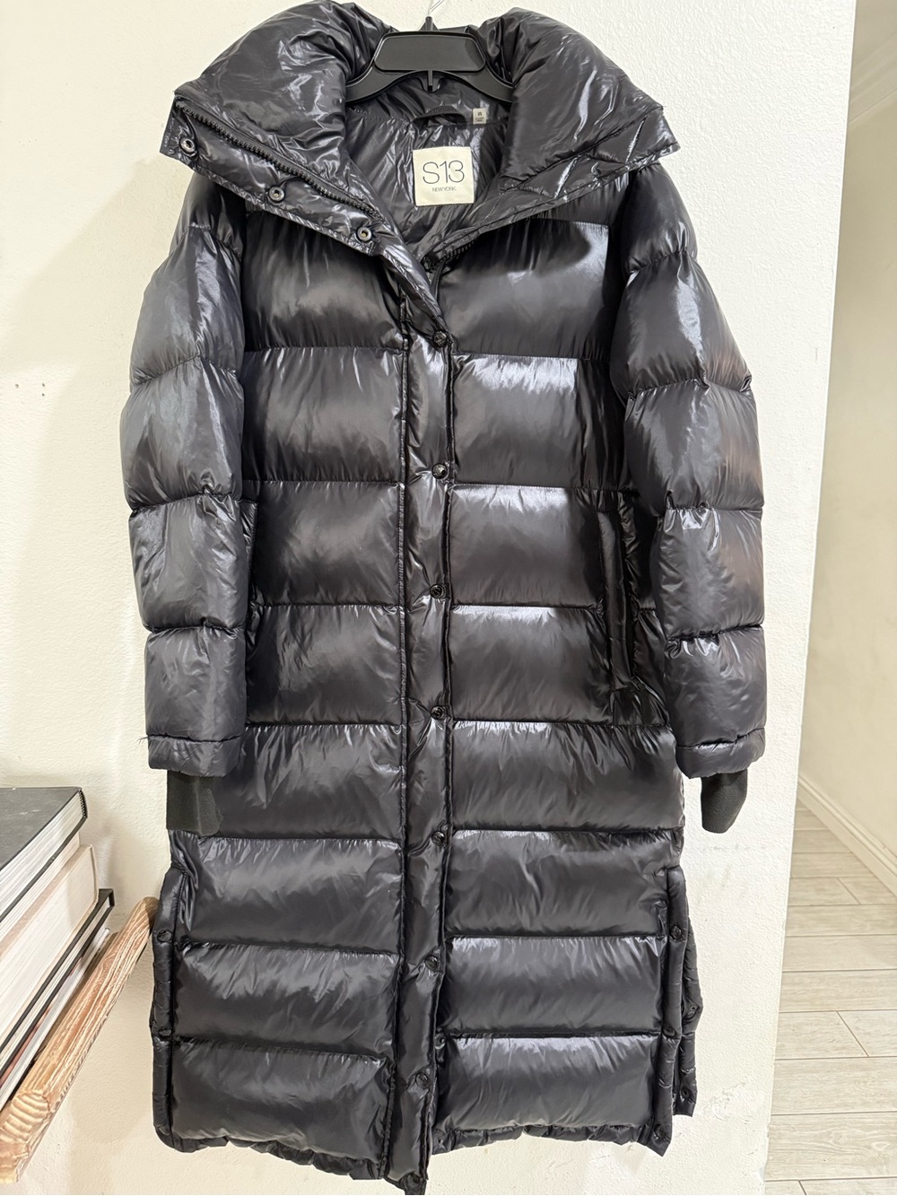 S13 NY Women’s Hooded Long Puffer Coat Black Lined Sz M